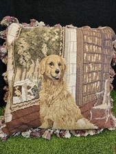 Wool Needlepoint Throw Pillow Golden Retriever Dog Cushion 14x14 Velvet  Tassel