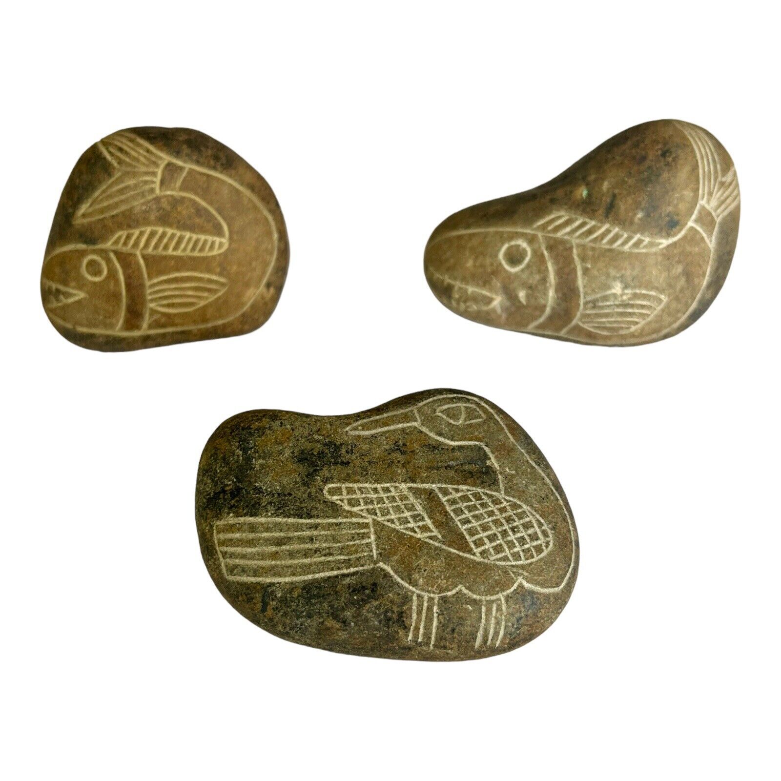 NAZCA Lines Peruvian Stones 2 Fish & Bird Set Of 3
