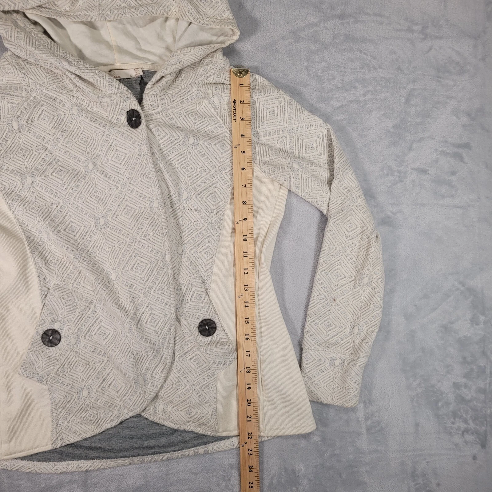 OFF WHITE prAna Giacca Donna Large Bianco Off Cappuccio Avvolgente Felpa Geometrica Gorpcore