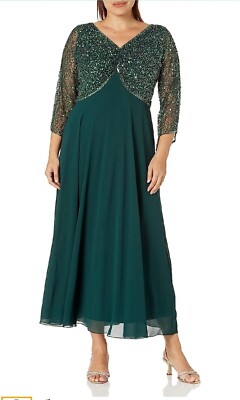 J Kara Women's Petite 3/4 Sleeve V-Neck Beaded Top Long Gown 10P