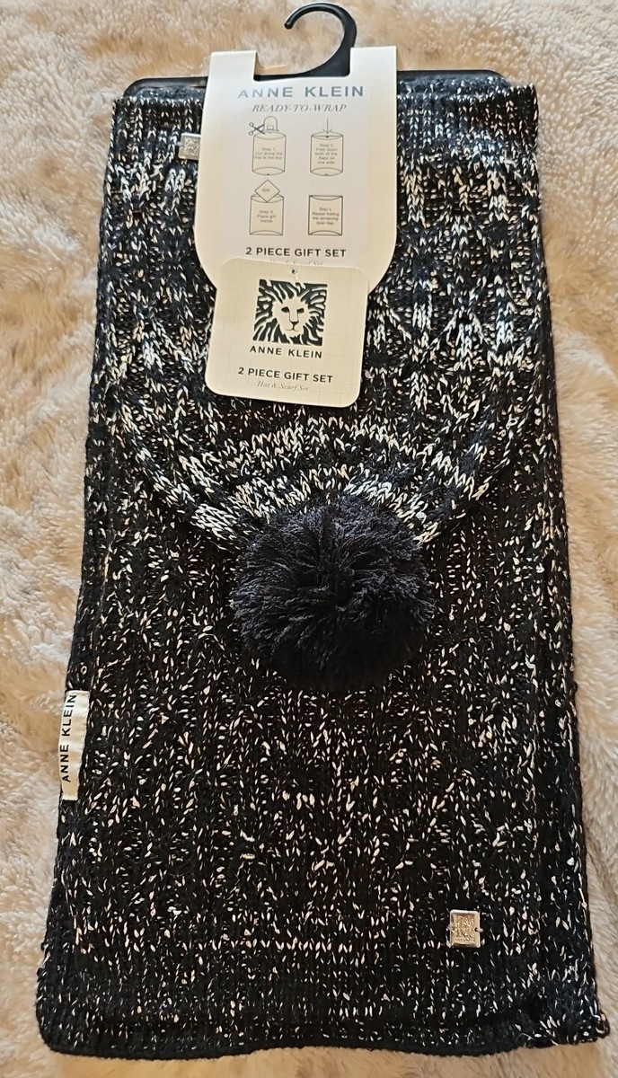 ANNE KLEIN HAT & SCARF SET BLACK SILVER KNIT SEQUINS LOGO  display picture 3