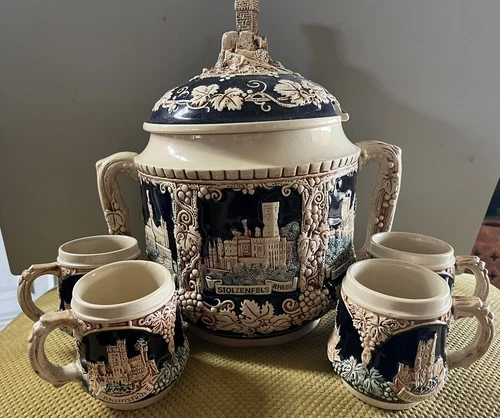 VINTAGE Stoneware Germany Ceramic Punch Bowl  with 4 Mugs
