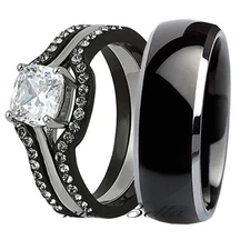 His Titanium Hers 4 Pcs Black Stainless Steel Wedding Engagement Ring Band Set