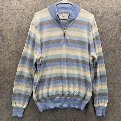 Peter Millar Sweater Men Medium Blue White 1/4 Zip Outdoors Merino Wool  Stripes