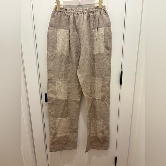 Pure Linen Trouser Patchwork Size M Tall Pull On elastic Waist Band
