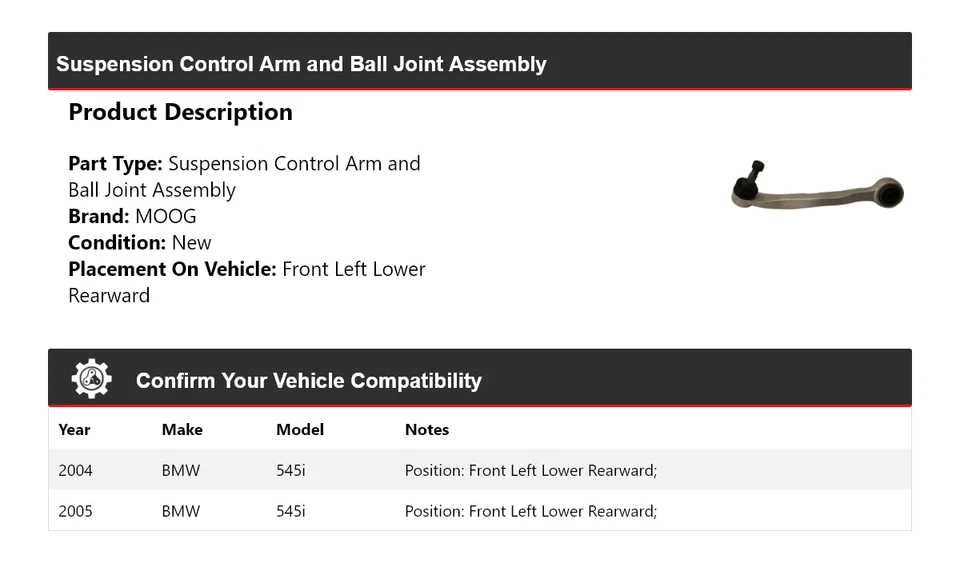 Brazo de control delantero izquierdo inferior trasero MOOG para BMW 545i 2004-2005 Foto 2 de 4