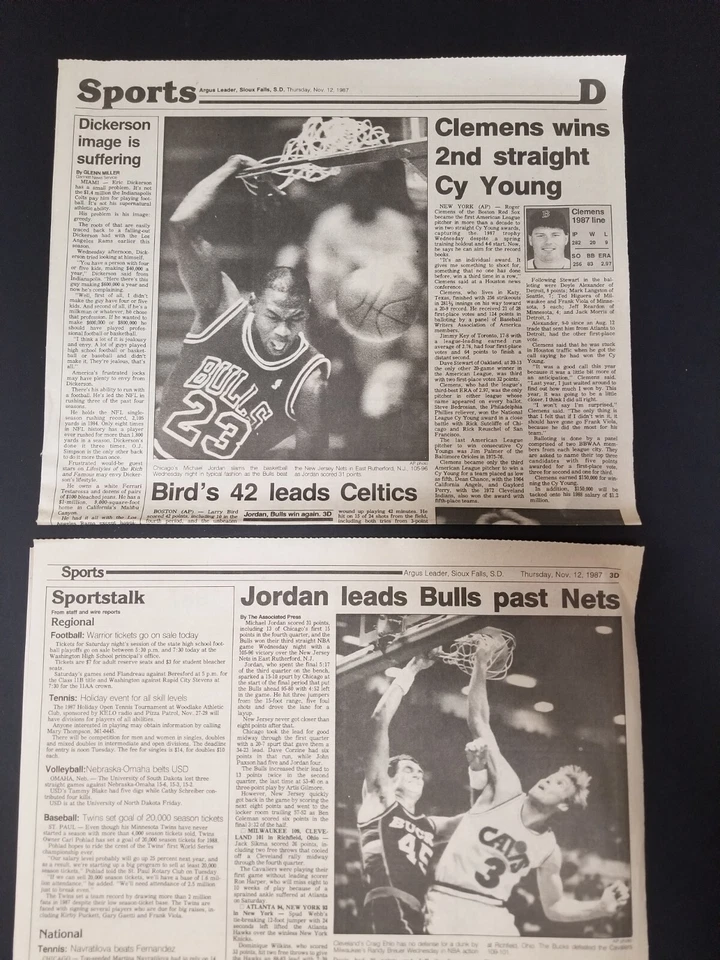 MICHAEL JORDAN 1987 sección deportiva 2 páginas ARGUS LEADER jueves 12 de noviembre Chicago Bulls Foto 2 de 4