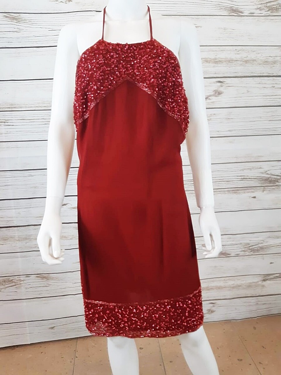 newport news cocktail dresses Newport News Easy Style Halter Cocktail Dress Size 10 Red Embellished 100%  Silk