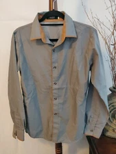 VSKA Mens XL shirt gray with brown trim collared LS button up EUC