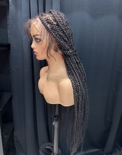 28 Inch Knotless Braided Lace Front Synthetic Wig Dark Brown Hand Tied Free-Part