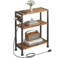 End Table with Charging Station, 3-Tier Side Table for Small Space, Skinny Ni...