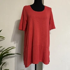 J Jill Tunic Top M Holiday Red Pima Cotton Dipped Hem Elbow Sleeve Slub Knit