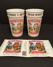 2 Bear Whiz Vintage Plastic Beer Cups & 2 Bear Whiz Beer Bottle Labels/Stickers