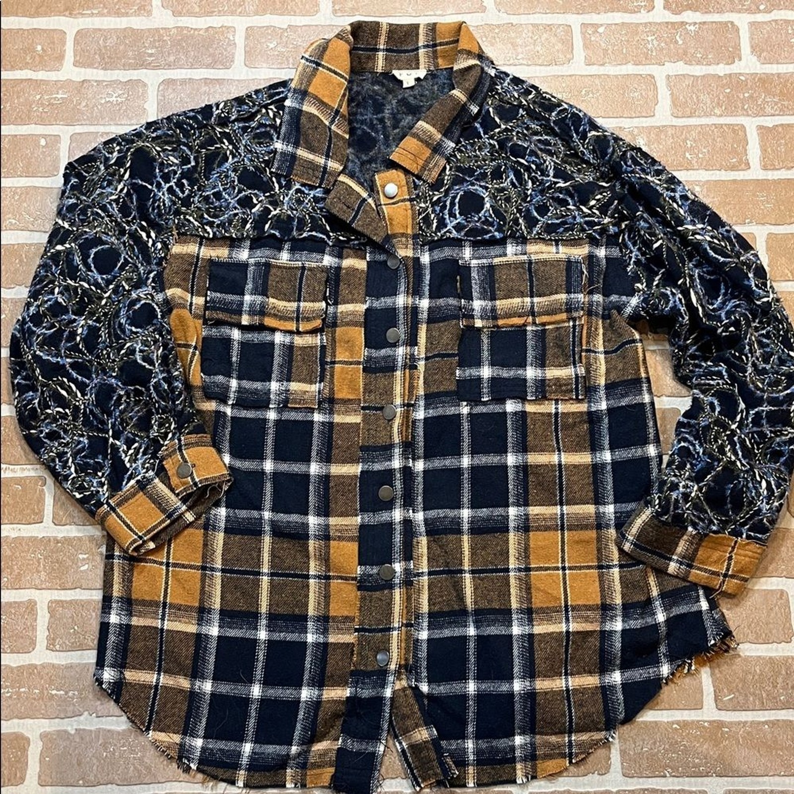 POL Women’s Large Shacket Plaid Patchwork Shirt F… - image 1