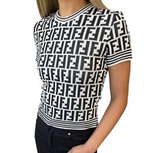FENDI Vintage Zucca Knit Top T-shirt 40 White Black Short Sleeve 902522