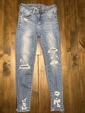 American Eagle Jeans Womens 00 Short Blue Jegging Super Stretch X Distressed
