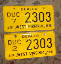 Pair West Virginia Dealer car tag license plates 1996 DUC 2 & 7 2303