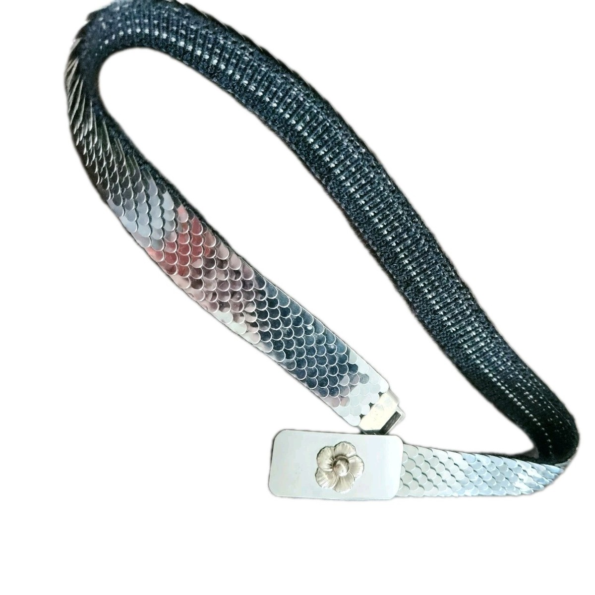 Women’s Shiny Silver Teardrop Metal‎ Link Belt Fish Scale Statement Belt 70s Vintage Black and Silver Metal Fish Scale Belt, Glitter  main image 2