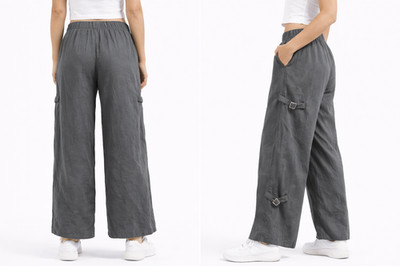 E190 Halara Damen Stoffhose Grau Wide Leg High Waist mit Schnallen   Locker  (M)