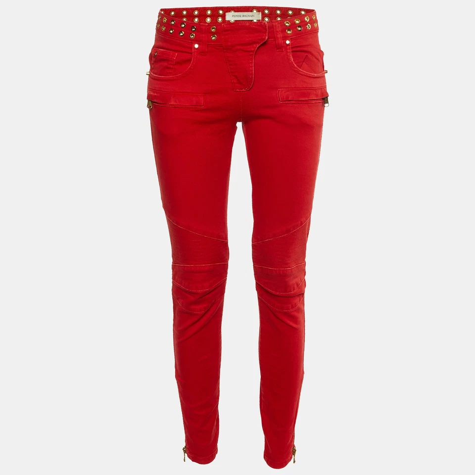 Jeans Pierre Balmain Rojo Denim Tachonado Calce Ajustado M/Cintura 29"