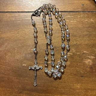 Rosario Católico Vintage Vidrio Iridiscente Cristal Facetado Cuentas Tono Plata