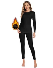 Thermal Long Johns Set for Women, Fleece Lined Base Layer, Black
