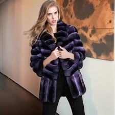 Women Chinchilla Full Pelt Real Rex Rabbit Fur Coat Jacket Lapel Collar Overcoat