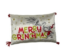 New Merry Grinchmas Dr Seuss Grinch Throw Pillow Red Tassels 17" x11" Velvet