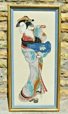 Superb Japanese Geisha 30" x 15" Hand Finished Metallic Needlepoint Framed Art