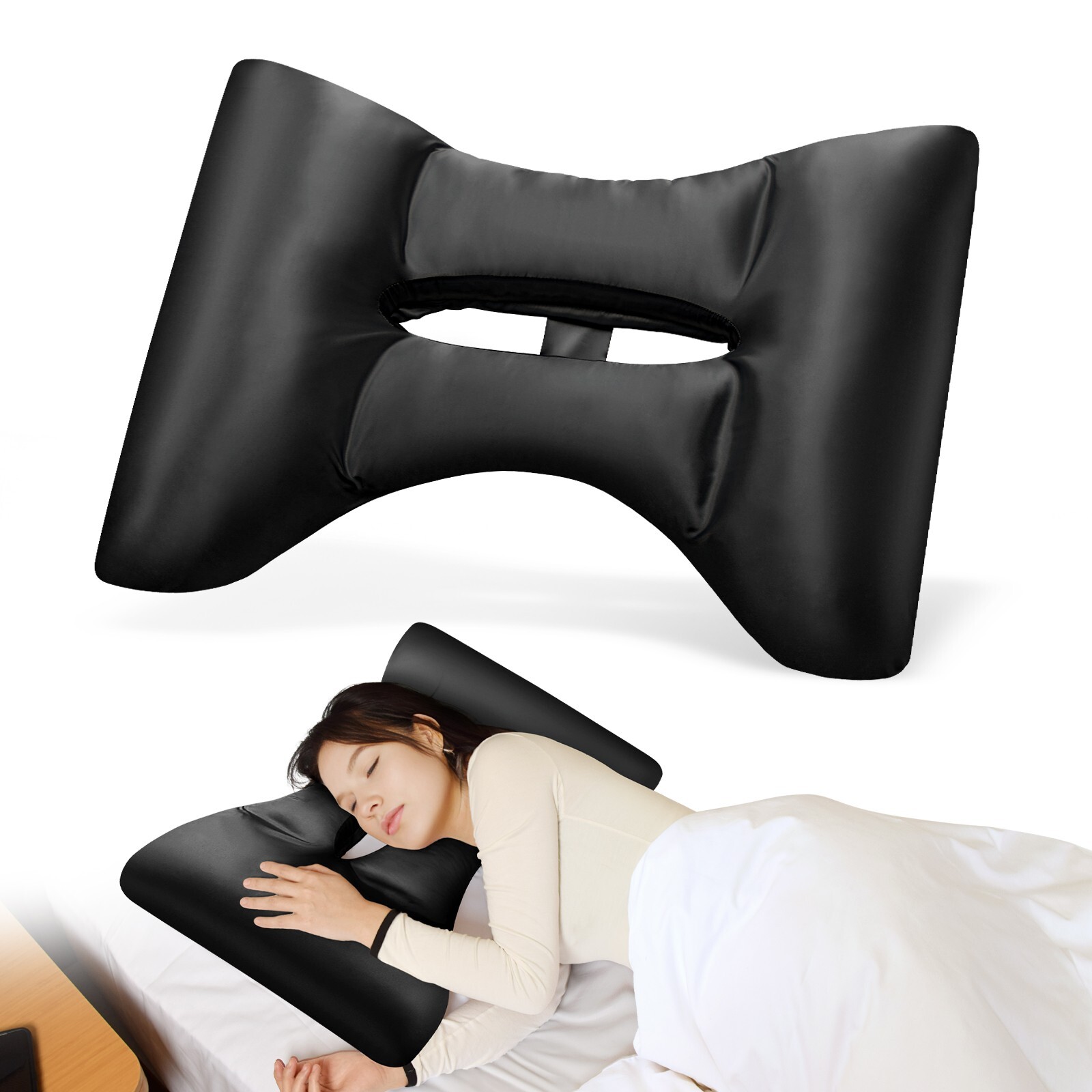 Side Sleeper Piercing Pillow with Black Satin Pillowcase Facial Pillow Hair&Skin