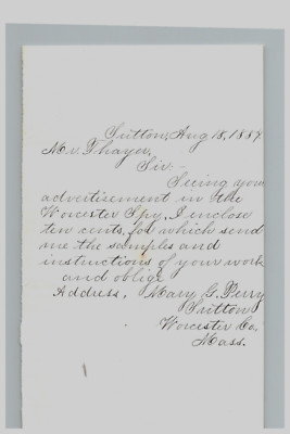 1884 Handwritten Letter Mary G Perry Sutton Massachusetts MA Worcester  History