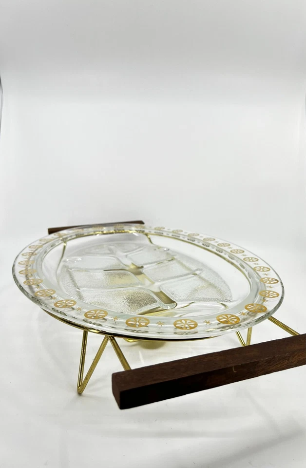 Bandeja de calentamiento de latón teca plato de carne ovalado atómico MCMGlasbake con calentador de luz de té Foto 4 de 4