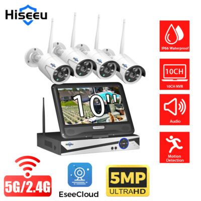 Hiseeu 10CH 10''Monitor NVR 5MP Outdoor Wifi CCTV Security Camera System Kit