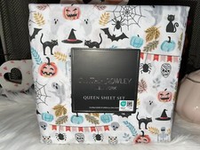 Cynthia Rowley Halloween QUEEN Size Sheet Set 4pc Black Cat Pumpkin Ghost NEW