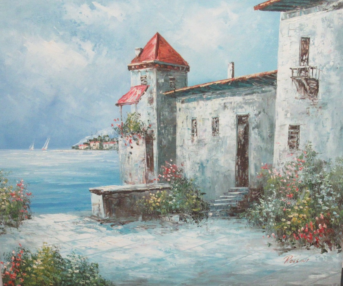 ROSSINI ORIGINAL OIL ON CANVAS SEA SHORE SAIL BOAT PAINTING