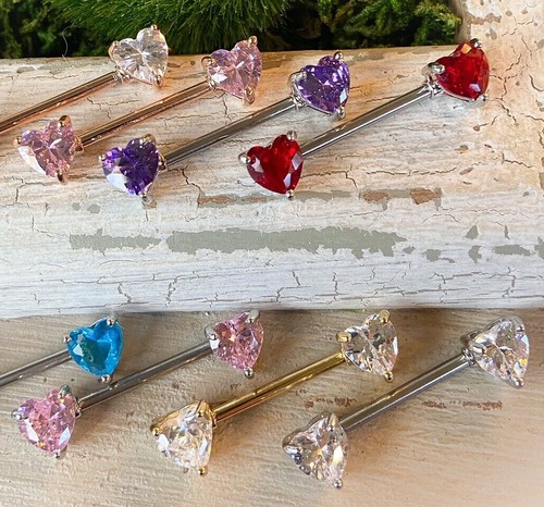 PAIR Double Heart Gem Nipple Rings Shields Barbells 14g Piercing Body Jewelry - Picture 2 of 12