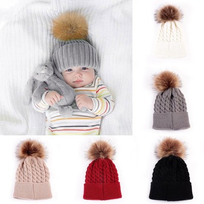 Winter Warm Hat Newborn Baby Kids Boy Girl Knit Beanie Hat Fur Pom Crochet Cap