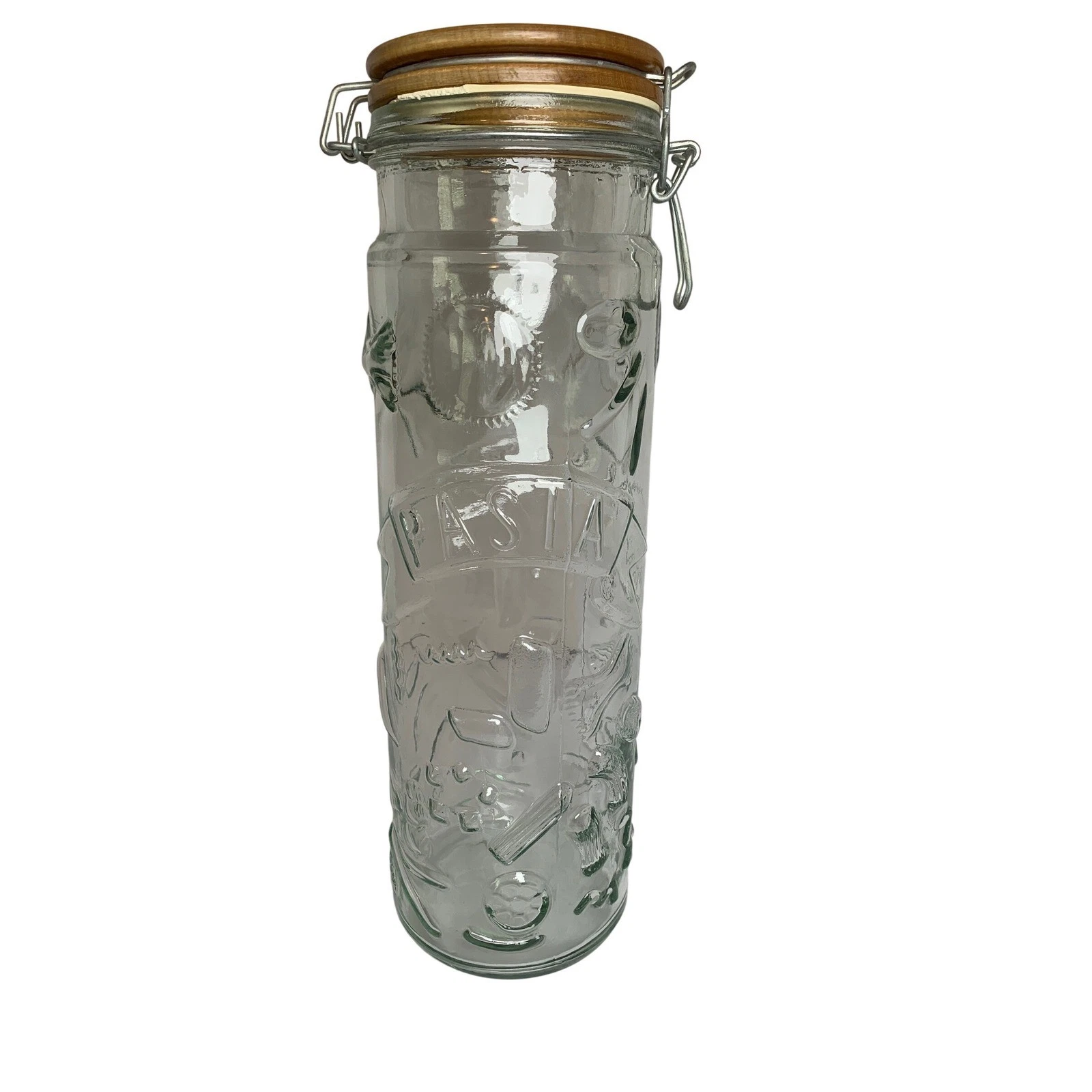 Vintage Tall Embossed Glass Pasta Spaghetti Canister Jar w/ Wood Lid Farmhouse