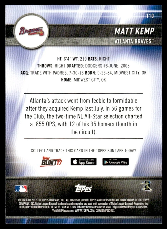 2017 Topps Bunt Blue Matt Kemp Atlanta Braves #110 - Image 2 of 2