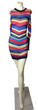 Fashion Nova Rainbow Stripe Crochet Knit Mini Dress Womens M Long Sleeve Bodycon