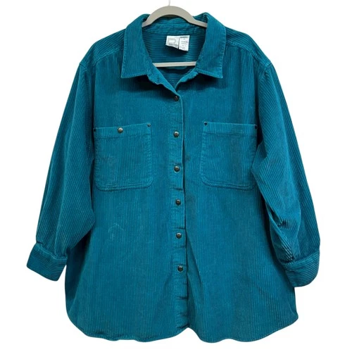 Roaman's Shirt Womens 2X Teal Corduroy Snap Front Oversized Shacket Pockets