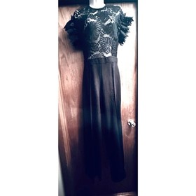 AKIRA Black Lace Top Ruffled Sleeves Solid wide leg bottoms Party Jumpsuit Large