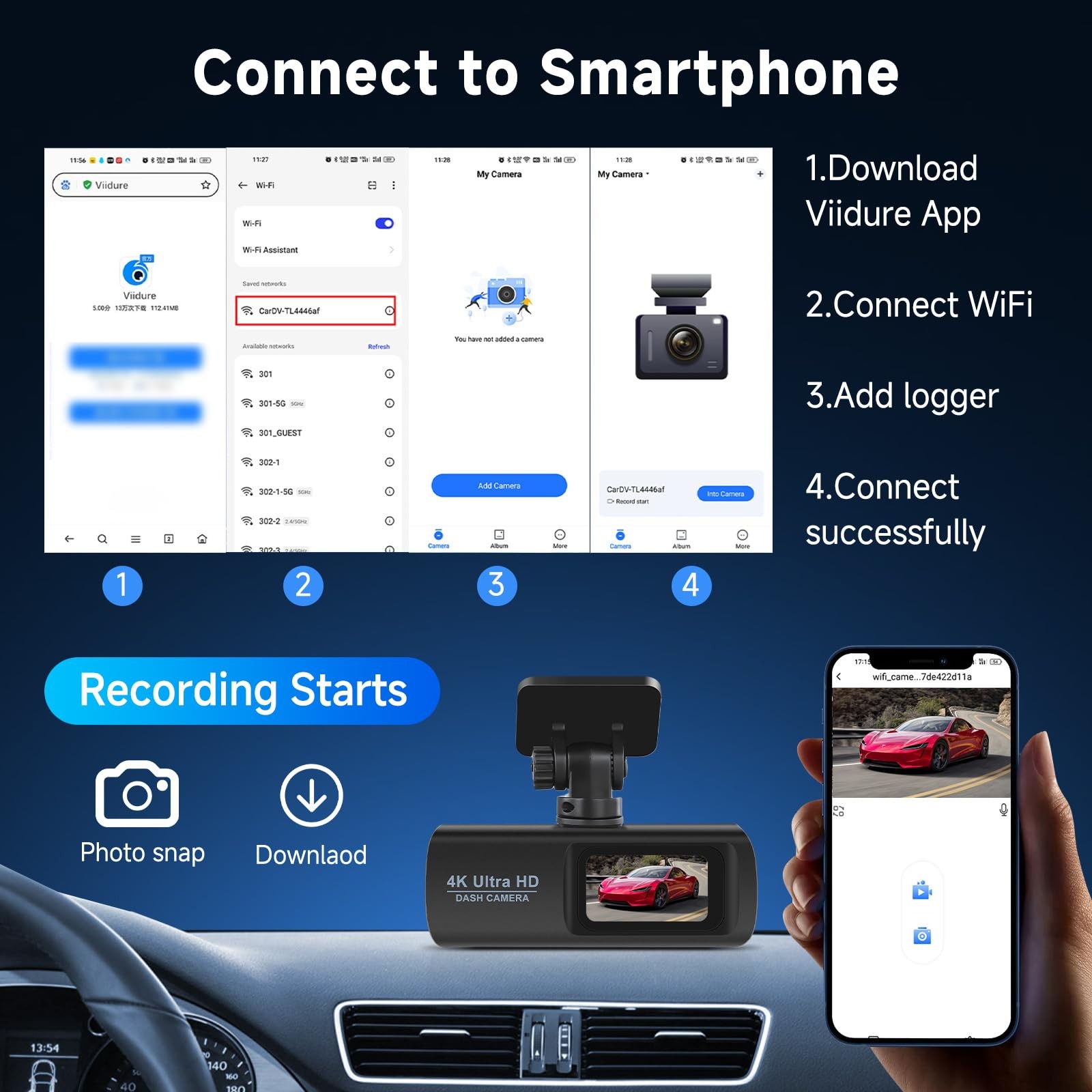 Dashcam per Auto Anteriore e Posteriore con WIFI da 5 Ghz Dash Cam con Scheda - Miniatura 11