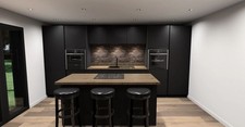 German Hacker Handless Matt Black Lacquered Kitchen With Laminate Worktops