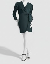 DKNY Women's Green Faux-Wrap Puff-Sleeve V-Neck Fit-Flared Dress Size 8