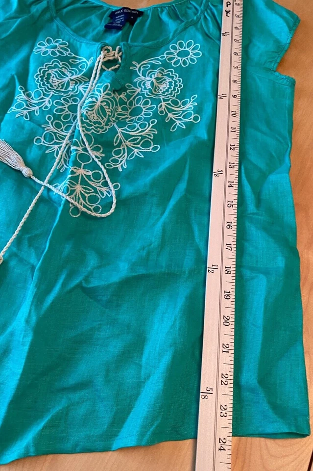 BLUSA MUJER MAX EDITION 100% LINO VERDE BORDADO MANGA GORRA TALLA S Foto 4 de 4