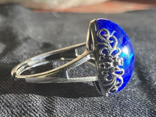 Handmade in Australia solid blue opal flower half-bezel sterling silver ring - Picture 5 of 14