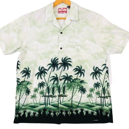 Vintage RJC Camp Hawaiian Shirt Mens XL Palm Pineapple Volcano Green USA MADE - Picture 1 of 11