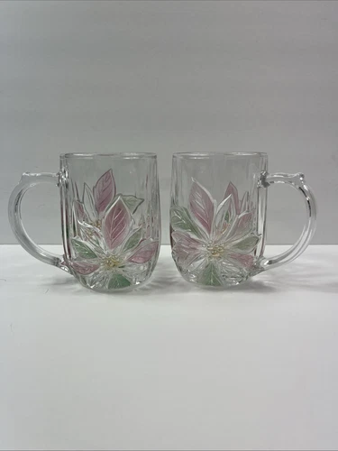 2 Mikasa Crystal Mugs Frosted Poinsettia Christmas Japan