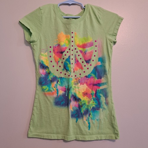 Mudd Girls Short Sleeve Shirt Green With Tie-Dye Peace Sign Design Size XL (16)